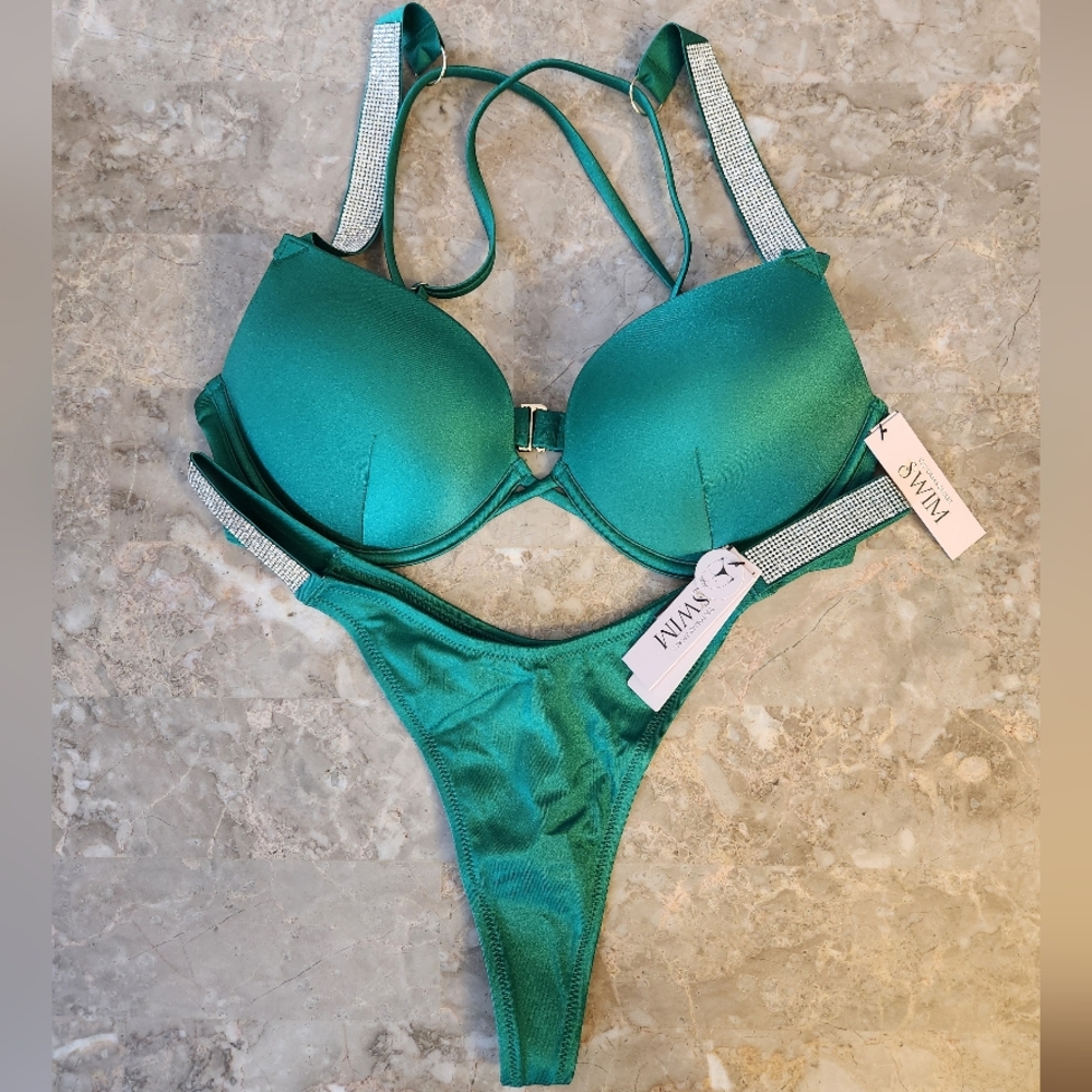 34B/M VS Swim Shine Strap Bombshell Thong Bikini Set Green Tropical